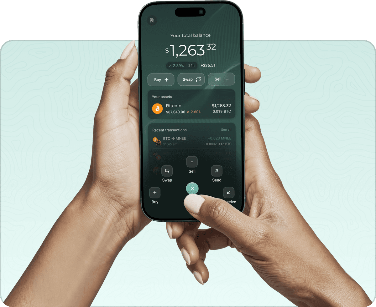 Hands holding a phone showing the RockWallet app