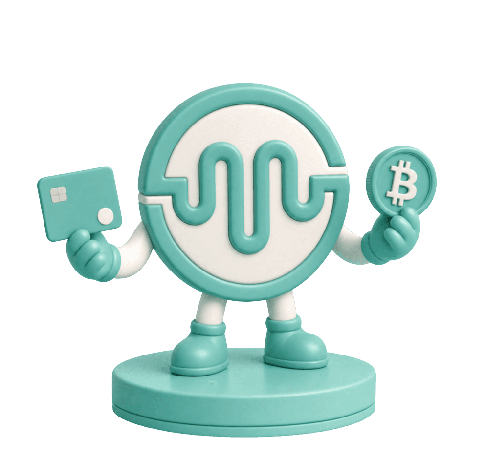 MNEE App mascot holding a debit card and a Bitcoin coin