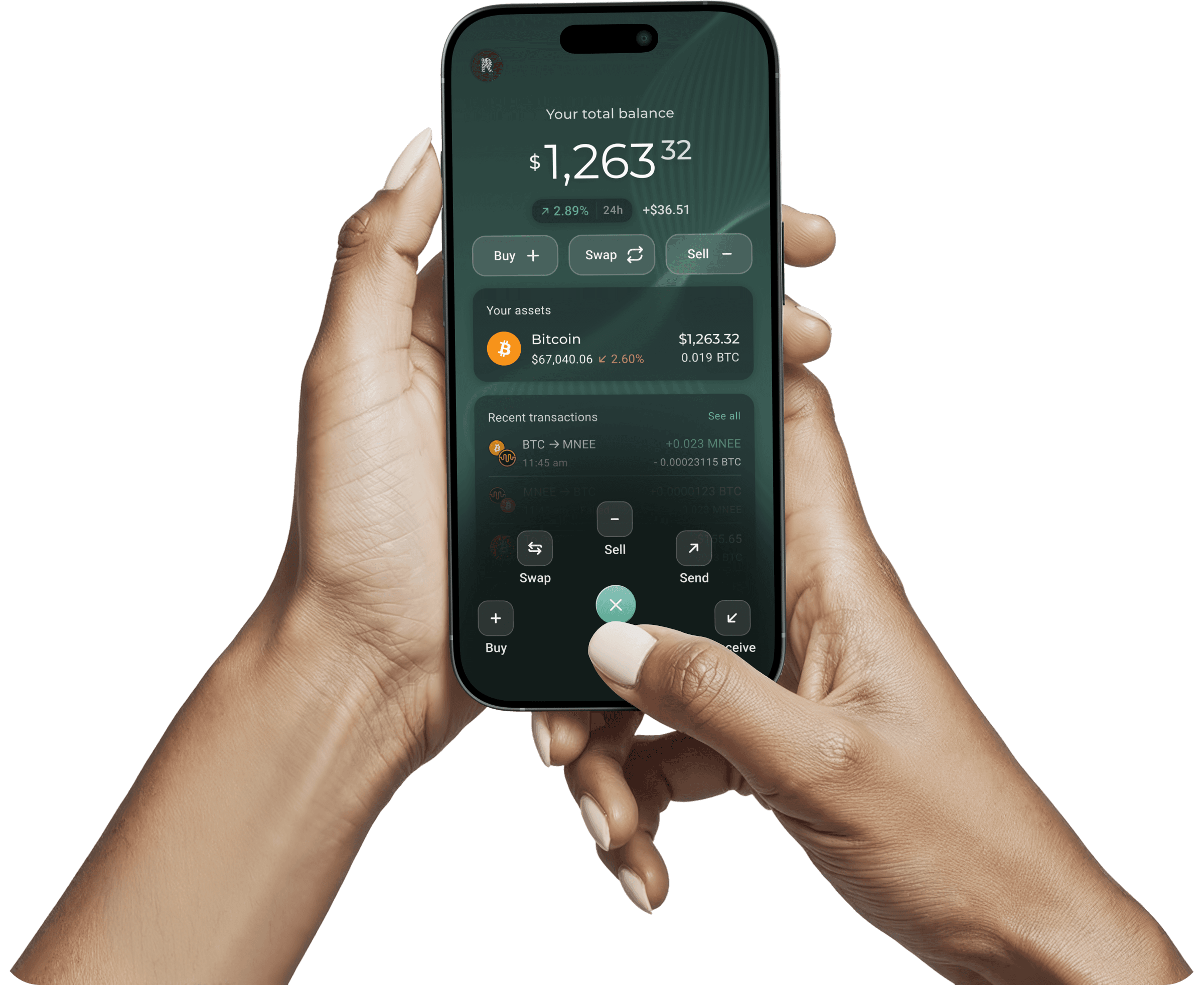 Hands holding RockWallet app showing $1,263.32 balance